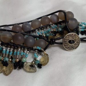 Woven Bracelet w/Gray Agate, Teal Fossil Beads, Silver Beads on Fringe